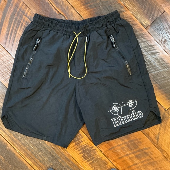 Rhude  Cross Hair Black Nylon Logo Shorts Men’s Medium Drawstring - Picture 2 of 11
